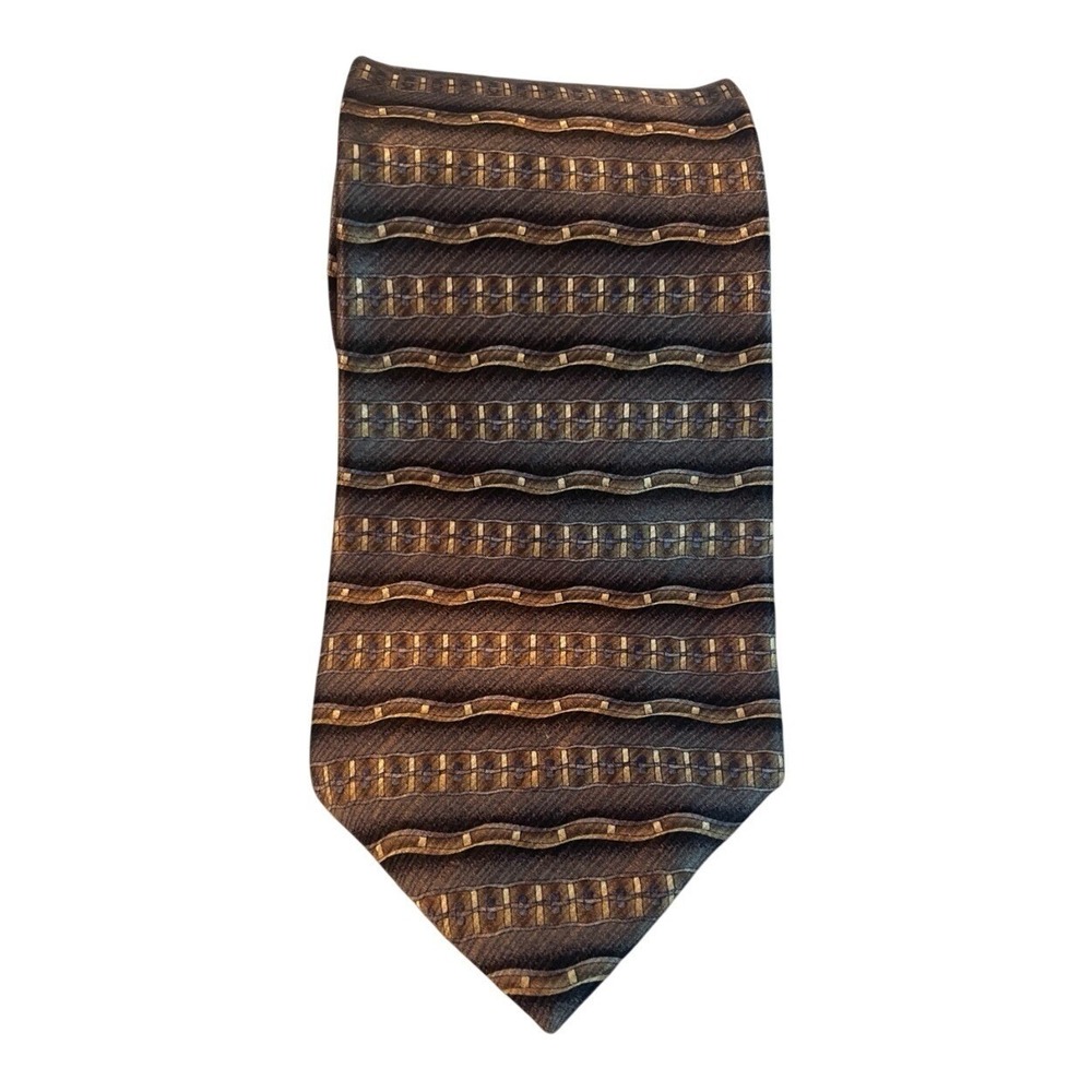 Roundtree & Yorke Silk Necktie Mens Brown Gold Geometric Wavy Stripe Regular 4in